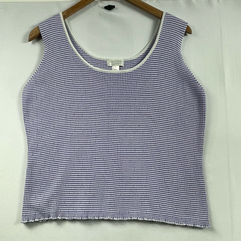 Christopher Banks Knit Tank LG Purple Pointelle Stripe Top Stretch Retro Lettuce